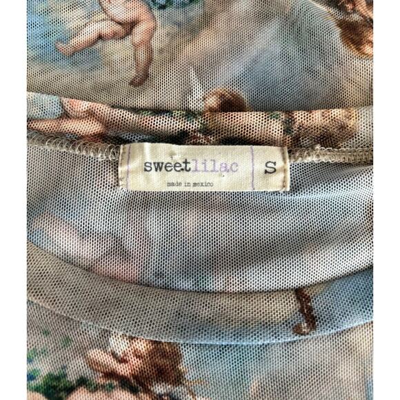 Sweet Lilac Sheer Mesh Baby Angel Cherub Print Short Sleeve Top Size S Y2K - Picture 3 of 14